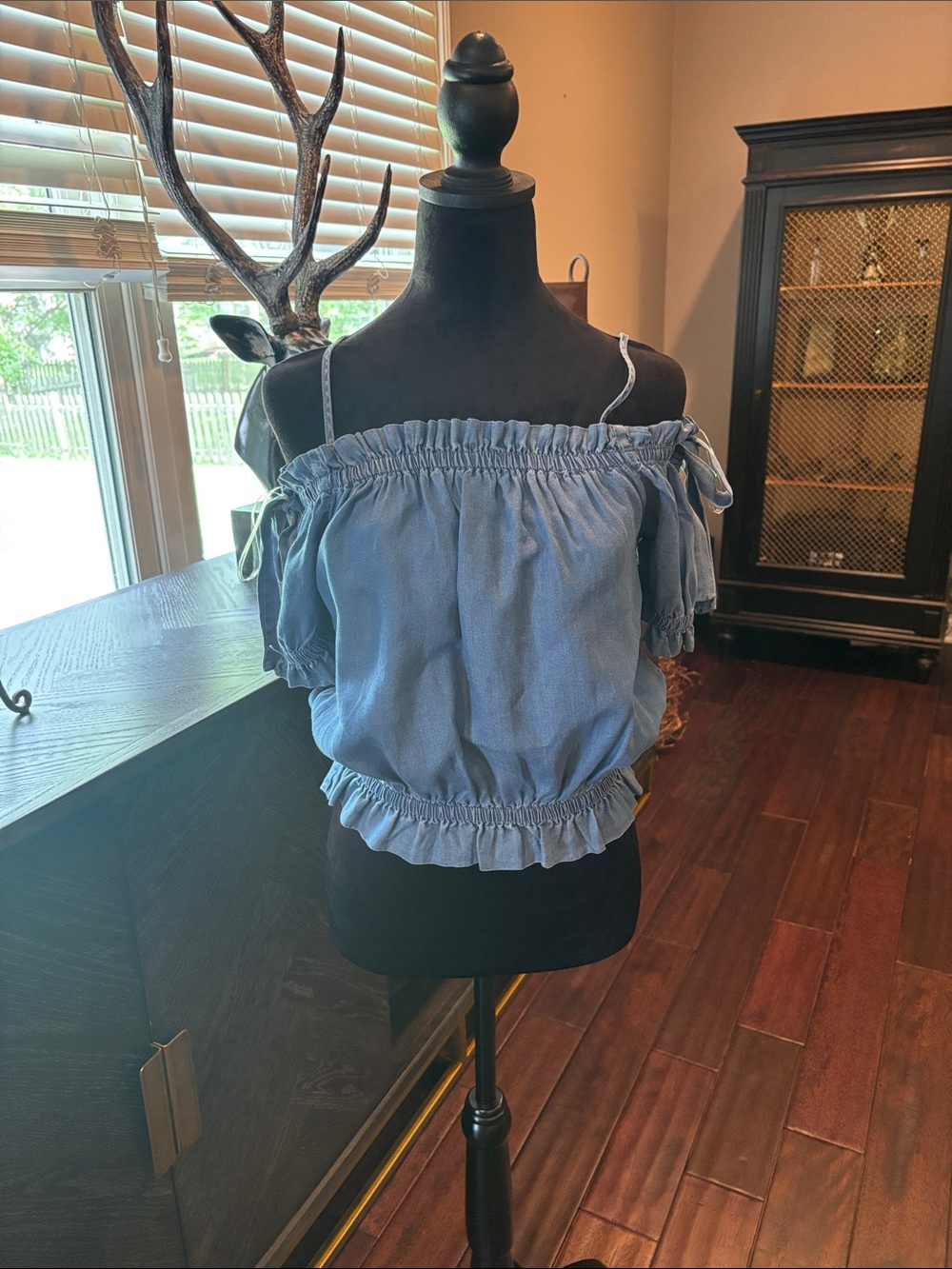 iris Light Blue Off-Shoulder Ruffle Crop Top